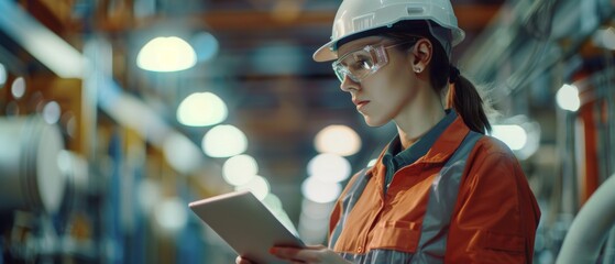 Poster - A modern factory using Industry 4.0: an engineer uses her tablet computer to visualize manufacturing plant layouts and mappings. This concept shot is suitable for augmented reality.