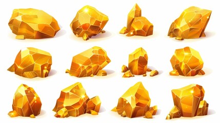 Poster - gold nugget for mine and treasure in game ui design. illustration of yellow shining precious stones.