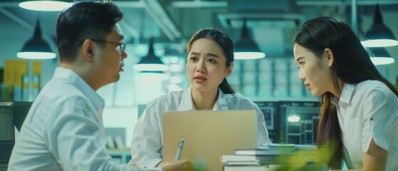 Poster - Female Manager, Asian Branch Supervisor, and Chief Product Engineer speak with each other in a modern factory office; they discuss technological challenges on a laptop screen.
