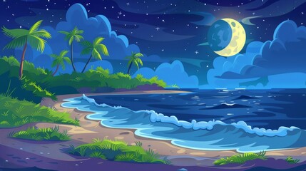 Wall Mural - Summer island beach on a hot summer night with exotic palm trees, lianas, a blue sky, and stars. Modern illustration of a seaside landscape with exotic palm trees, lianas, grass, and ocean waves