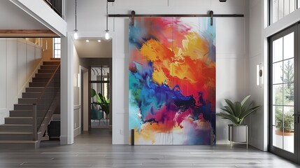 Wall Mural - A modern farmhouse entrance with a sliding barn door featuring a large abstract mural