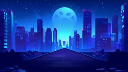 Wall Mural - At night, a road leads to a modern city with high buildings. The darkness of the sky shows a dark blue panoramic urban landscape with neon lights along the road. Stones line the road in a roadside
