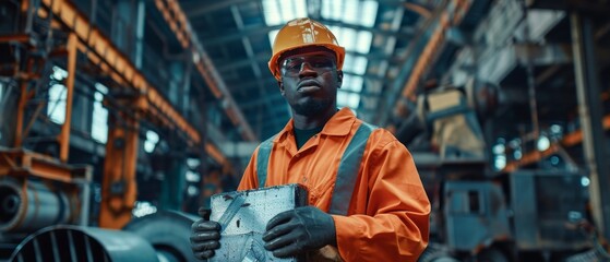 Poster - in a heavy steel industry factory, an african-american engineer tests a futuristic bionic exoskeleto
