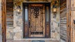 © Aeman - A rustic wooden entrance door with ironwork details and stone wall accents