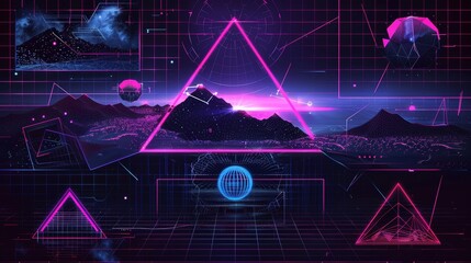 Wall Mural - A retro wave aesthetic poster set with geometric signs. Turquoise abstract shapes on black background with wireframe landscape. A retro futuristic vibe flyer set.