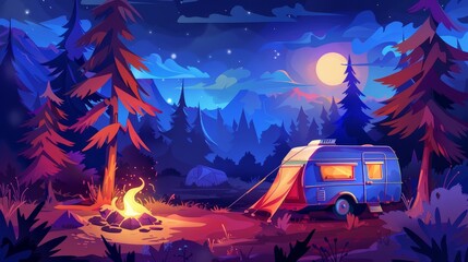 Wall Mural - Camping trailer in night forest. Retro van near tent and bonfire burning in glade, house on wheels for summer vacation, midnight skies, fir trees.