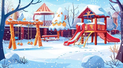 Wall Mural - Playground with children swing, sandbox, carousel and slide in big city park or kindergarten yard covered with snow during winter. Cartoon modern urban snowy landscape with children swing and