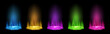 © Jer - Color hologram effect and portal set. Magic fantasy portal with neon round blue, yellow, pink, purple and red glow ray night. Magic circular podium for teleportation with a hologram effect. Vector