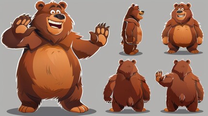 Poster - A cartoon illustration of a big brown bear standing in various poses - waving paws, hand on heaps and a front view. Forest animal with fluffy fur.