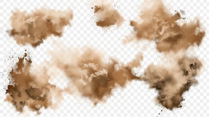 Wall Mural - Set of brown dust clouds isolated on a transparent background. Modern illustration of a desert sandstorm, dirty smoke explosion with mud particles, sandy smog haze, and dry soil.