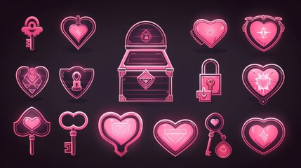 Canvas Print - Modern cartoon illustration of a neon pink color lock, key, wooden treasure chest, coin, vintage love symbol, game interface design elements.