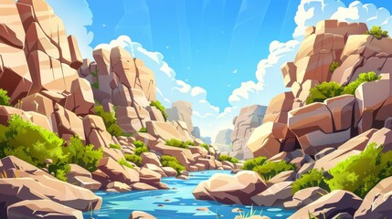 Wall Mural - In rocky canyon valley, a river flows. Modern cartoon illustration of a stream flowing under blue skies with fluffy white clouds, green bushes and grass, brown rocks and a blue sunny sky.