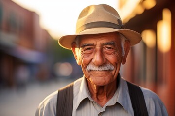 Wall Mural - Portrait of a glad indian elderly man in his 90s donning a classic fedora on charming small town main street