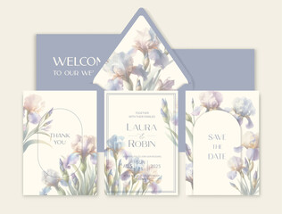 Wall Mural - Luxury wedding invitation card background with watercolor iris flowers and botanical leaves.