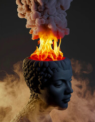 Dark stone sculpture woman's head intense fire heat