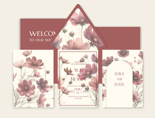 Wall Mural - Luxury wedding invitation card background with watercolor flowers and botanical leaves.