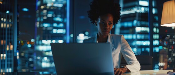 Poster - Successful African American Businesswoman Analyzing Financial Reports, Marketing Research, and Plan in Big City Office Late at Night.