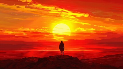 Wall Mural - A person stands on a hill overlooking a beautiful sunset