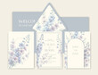 Luxury wedding invitation card background with watercolor Delphinium flowers and botanical leaves.