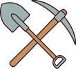 Crossed shovel and pickaxe in line and fill style. Vector.