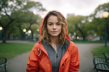 Wall Mural - Portrait of a satisfied woman in her 30s wearing a functional windbreaker over vibrant city park