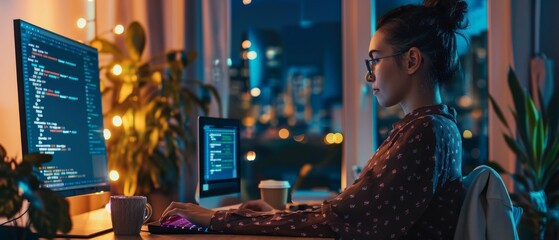 Poster - Women code on desktops in stylish loft apartments in the evening, wearing cozy clothes, and working from home on software development. View of the urban city from big window.
