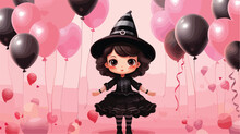 Cute Little Girl Dressed For Halloween As Witch Wit