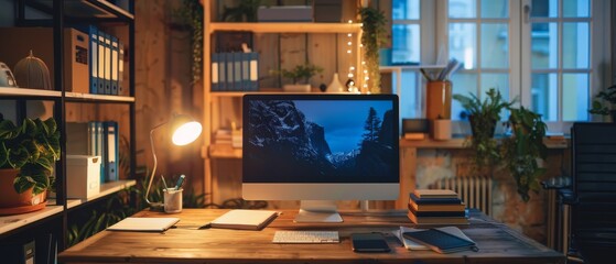 Poster - Cozy Empty Loft Apartment with a Lamp, Notebooks, Smartphone on the Table. Home Office Concept with Desktop Computer Monitor on Height Adjustable Desk with Office Software Display.