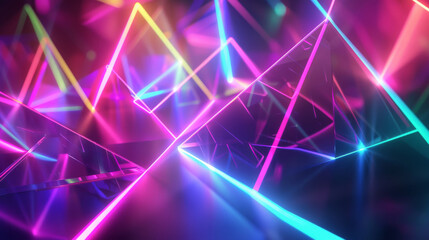 Poster - Abstract background featuring bright neon triangles with a luminous holographic aesthetic and modern glass morphism style, perfect for futuristic and tech-inspired design projects