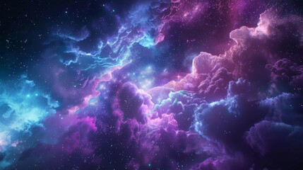Poster - Enthralling digital art piece showcasing glass morphism style on a vibrant holographic background, simulating an ethereal nebula with a kaleidoscope of cosmic colors and celestial clouds