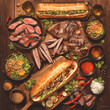 A Mouthwatering Selection of Grilled Beef and Pork in Crispy Baguettes, Garnished with Fresh Vegetables and Herbs for a Tantalizing Delicacy Experience.