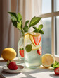  Lemon, Mint and Strawberry Water on the table, summer refreshing drink, detox, diet and healthy lifestyle concept.