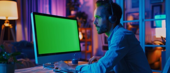 Poster - Using Desktop Computer and Chroma Key Monitor in a studio setting. Remotely working manager listening to music in headphones. Freelancer working late at night in a studio environment. Shot through a