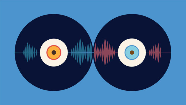 Two vinyl records side by side each adorned with unique sound wave patterns that beautifully depict the harmonious blend of vocals and instruments in Vector illustration