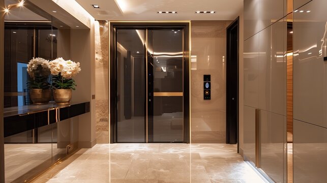 A sleek luxury home entrance with a biometric fingerprint scanner and a concealed door