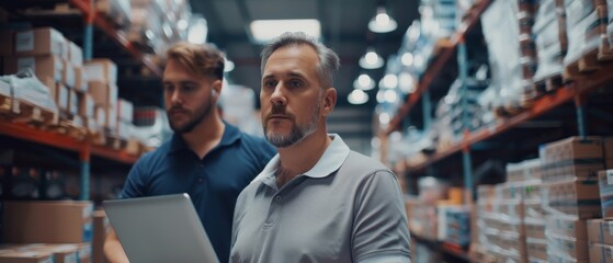 Poster - Working in logistics and distribution center with male colleague checking stock and inventory on laptop computer.