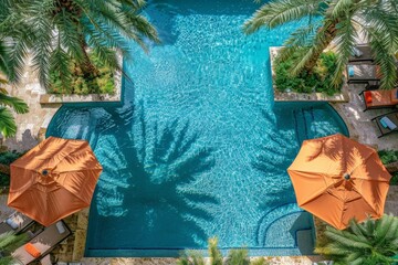 Aufkleber - A view from above showing a pool area with several umbrellas shading lounge chairs, surrounded by lush palm trees