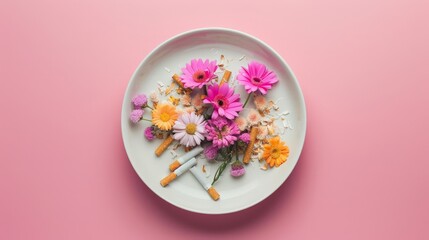 Creative flat lay of cigarettes and flowers on a plate, a quit smoking concept