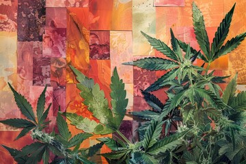 Sticker - A painting featuring a vibrant marijuana plant set against a colorful wall, showcasing the plants distinctive leaves and colors