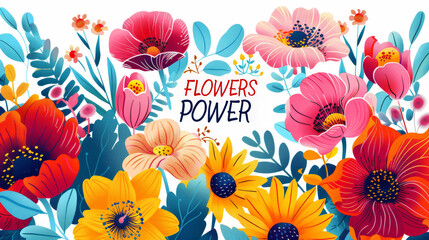 Poster - A vibrant bouquet of colorful flowers with the text Flowers Power prominently displayed