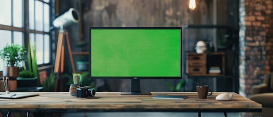 Poster - This is an Establishing Shot of a Green Screen Mockup Chroma Key Display on a Desktop Computer in a Modern Creative Office in a Loft Building.