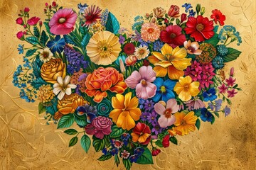 Aufkleber - A painting featuring flowers arranged in a heart shape against a radiant gold background