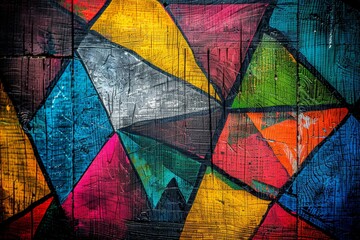 Fototapete - An abstract painting featuring vibrant triangles in various colors arranged on a wooden background