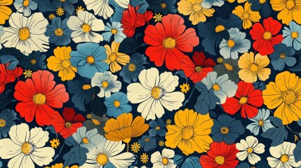 Poster - Bright and vibrant flowers arranged in a pattern against a dark background