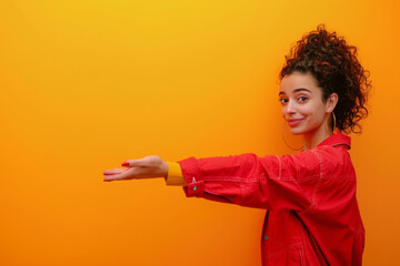 smiling young woman in a trendy red jacket playfully extending her hand as if presenting or displayi