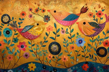 Aufkleber - Birds Painting on Yellow Background