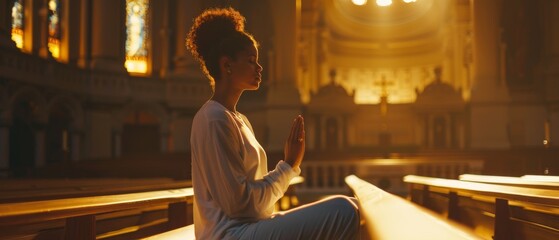 Wall Mural - In a majestic church, a young Christian woman prays with folded hands as she seeks guidance from faith and spirituality. Eye view of the scene shows her faith in God's power and love.