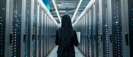 Poster - a muslim female data center it engineer stands in front of a rack of servers in a data center. a clo