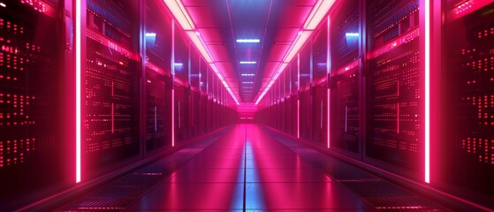 Poster - Server Racks in Well-Lit Room. Concept for Internet of Things, Big Data Protection, Storage, Cryptocurrency Farm, Cloud Computing. Metal Warehouse 3D Rendering.