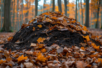 Wall Mural - A compost heap overflowing with leaves and organic materials, in a forest setting.. AI generated.